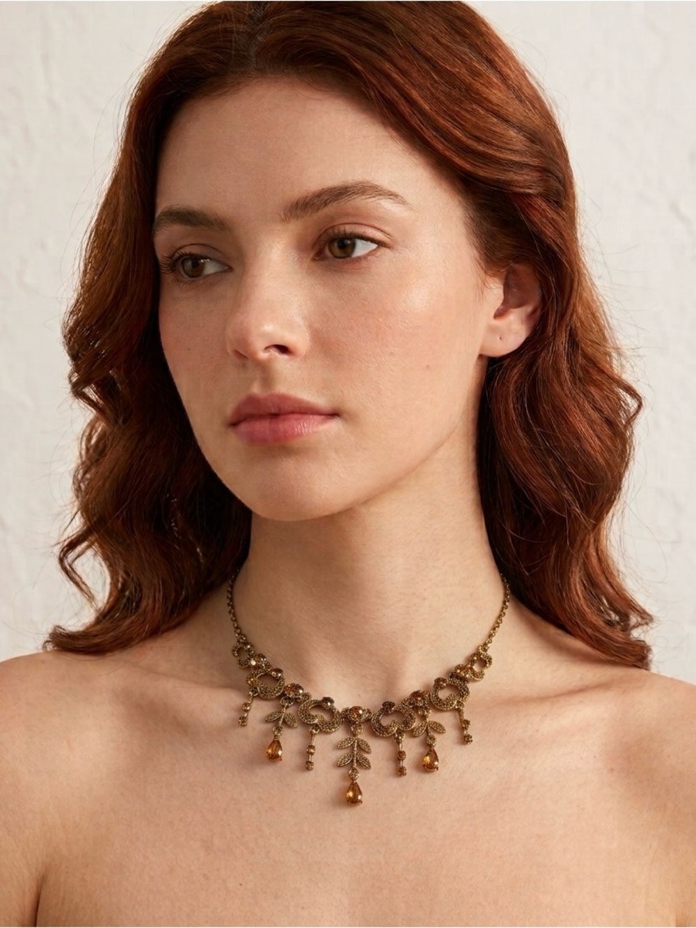 Whimsigoth Steampunk Victorian Antiqued Gold Amber Rhinestone Heart Bib Necklace
